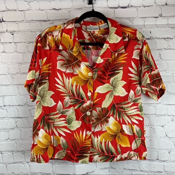VINTAGE BASIC EDITIONS Hawaiian Shirt Red Button Down with Short Sleeves - Picture 10 of 13